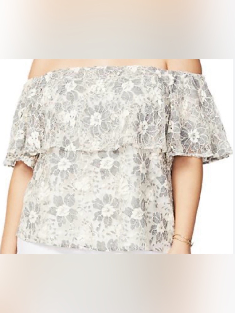 Off-Shoulder Floral Lace Blouse in Cream and Gray - Picture 2 of 8